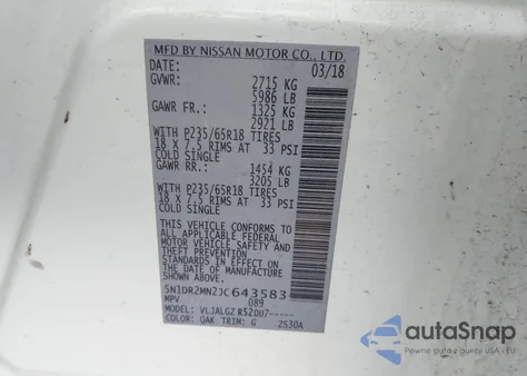 2018 Nissan Pathfinder Sl z USA, uszkodzony, nr VIN 5N1DR2MN2JC643583